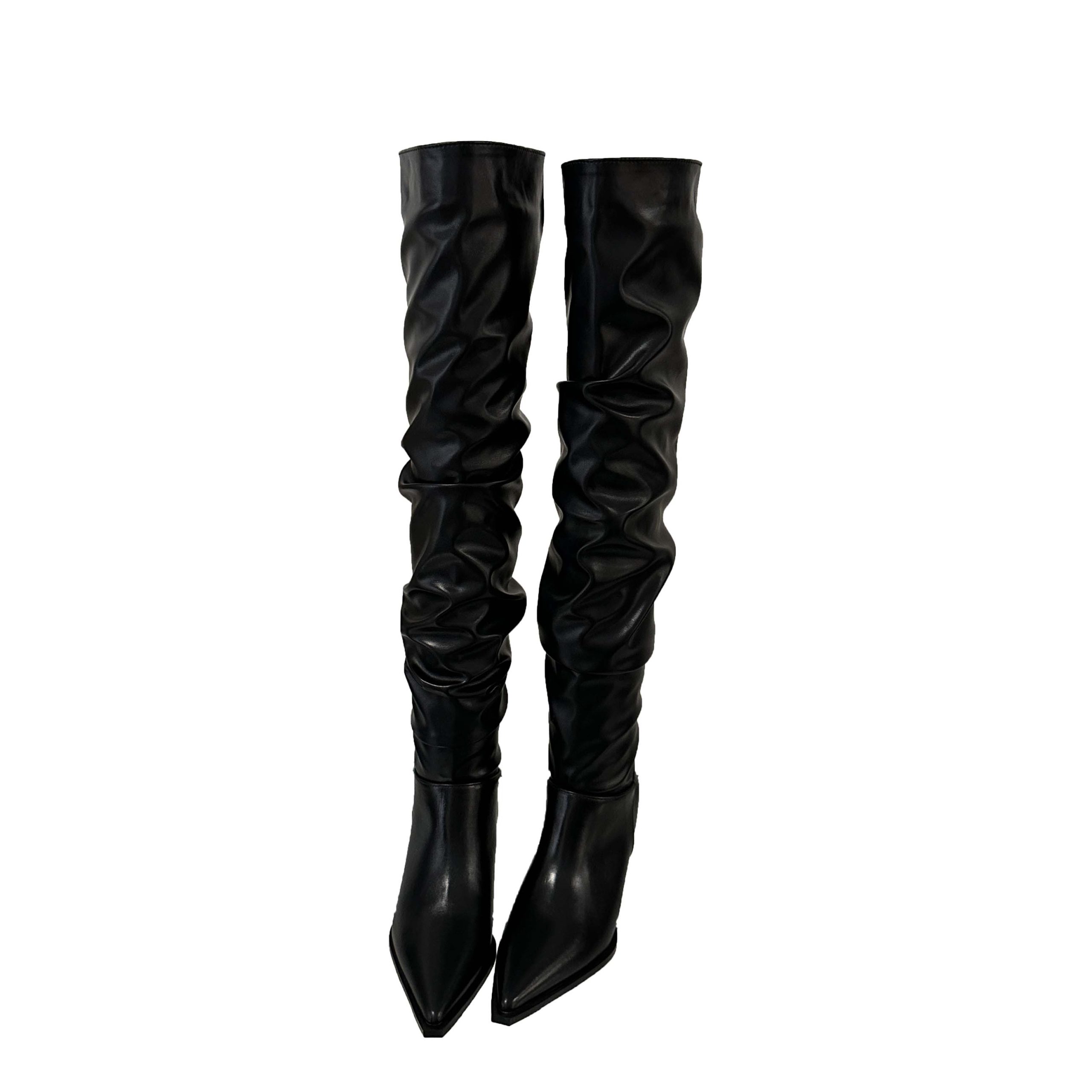 BUBUFLY Women's Pointed Toe Over Knee High Boots 2024 Fall Chic Wrinkled Pull On Chunky Heel Long Boots - Image 5