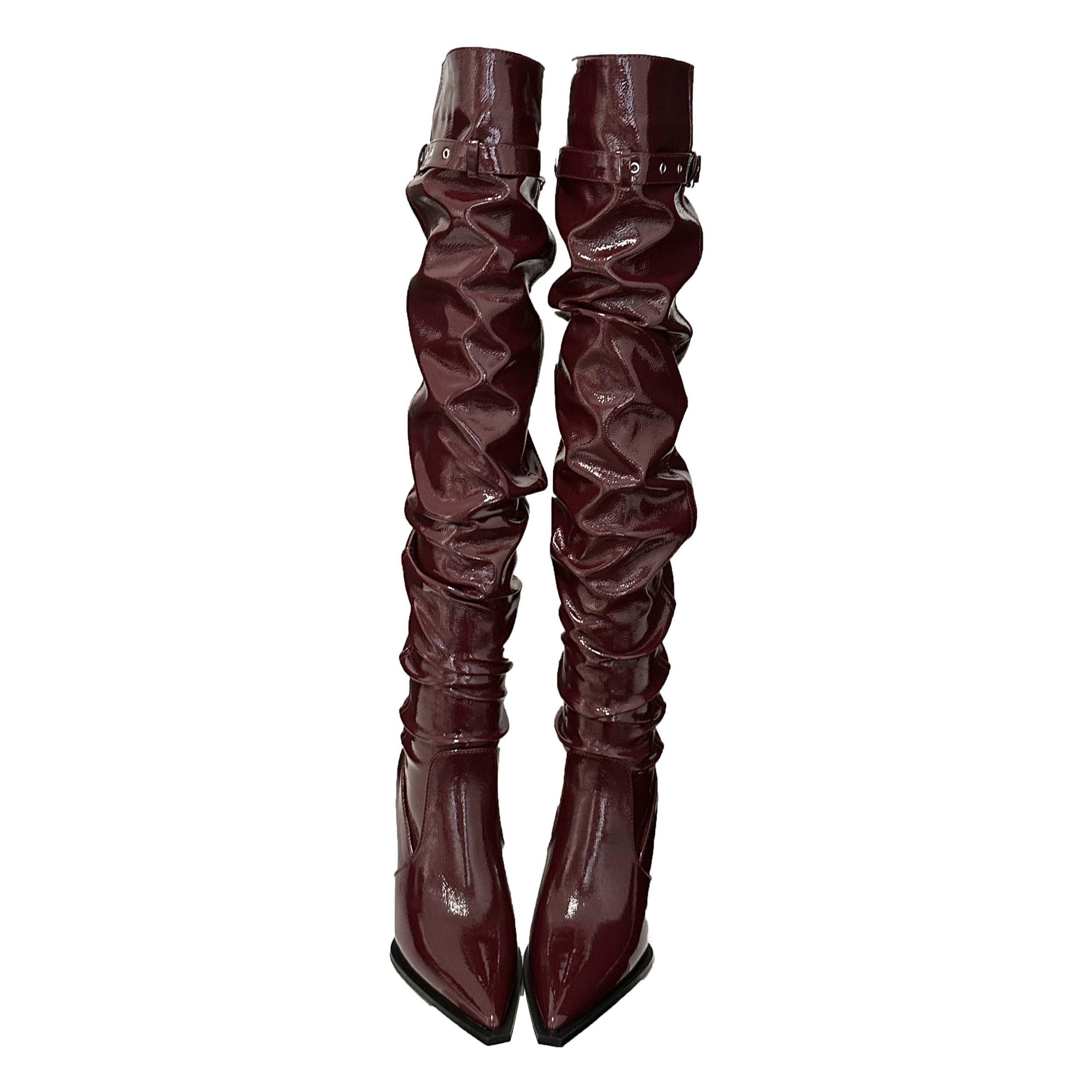 BUBUFLY Patent Leather Over Knee Boots Women 2024 Autumn Winter 7cm High Heel Fashion Tall Boots - Image 5
