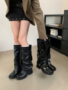 BUBUFLY Women's Patent Leather High-Top Riding Boots 2024 Autumn Winter Chunky Heel Square Toe Korean Style