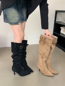 BUBUFLY Women's Over Knee High Heel Boots Pointed Toe Slim Fit Stretch Boots Fall 2024
