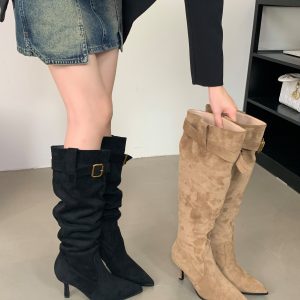 BUBUFLY Women's Over Knee High Heel Boots Pointed Toe Slim Fit Stretch Boots Fall 2024