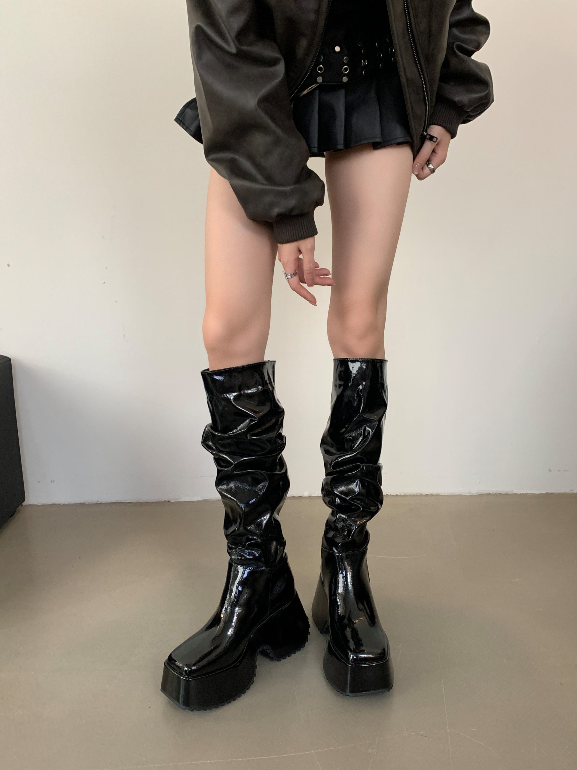 BUBUFLY Autumn Sexy Patent Leather Long Boots Women Thick Sole Height Increasing Slim Fit Stretch Knee High Rider Boots - Image 3