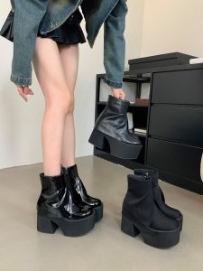 2024 Women's Sexy High Heel Stretch Boots Black Patent Leather Chunky Sole Tall Boots for Petite