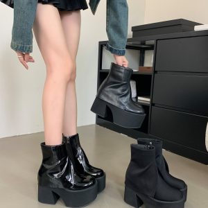 2024 Women's Sexy High Heel Stretch Boots Black Patent Leather Chunky Sole Tall Boots for Petite