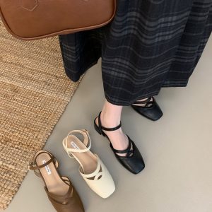 2025 Spring Women's Chunky Heel Retro Mary Jane Shoes with Hollow Roman Style Backless Sandals