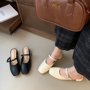 French Style Cream Chunky Heel Mary Jane Shoes for Women 2025 Spring Summer Low Top Slip On