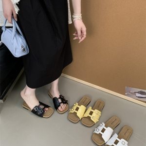 Vintage Forest Buckle Strap Slip-On Slippers for Women Summer Korean Design Soft Sole Casual Beach Rome Shoes