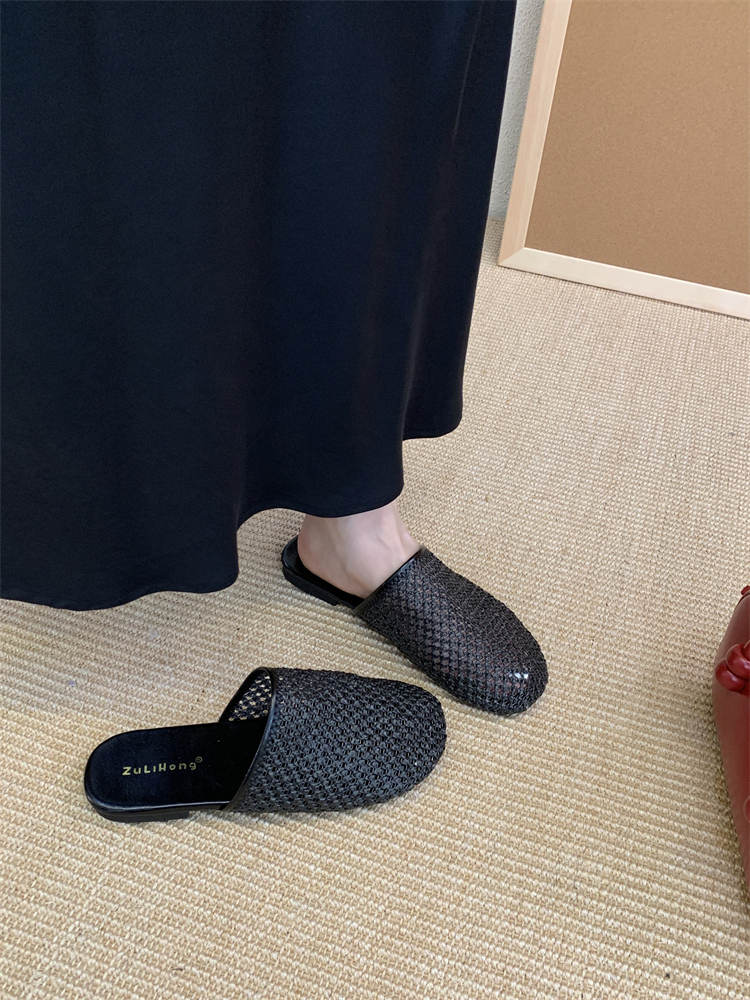 Woven Mesh Toe-Covered Slippers for Women Summer 2025 Flat Retro Roman Sandals - Image 2