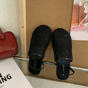 French Elegant Black Sequin Mesh Slippers for Women Open Toe Lace Hollow Flat Sandals