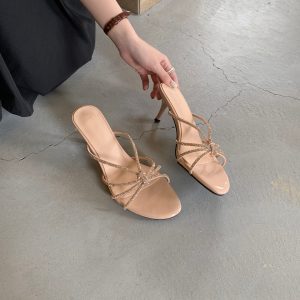 DIAIRIZ Korean Style Rhinestone Cross Strap One-Strap Women's Summer Thin Heel Non-Slip Sexy Sandals